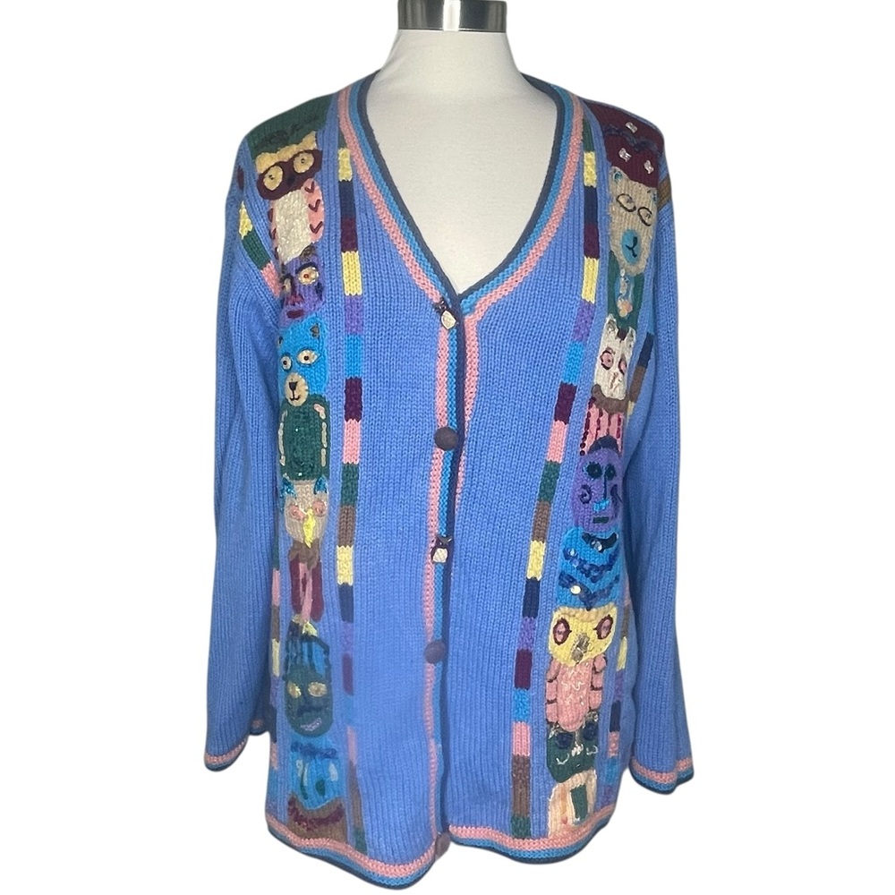 Storybook Knits 1X totem pole sweater cardigan blue